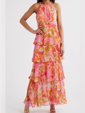 Eliza J Floral Print Tiered Ruffle Halter Maxi Dress sleeveless 8 New with tags